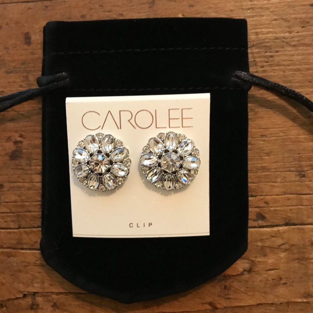 Carolee Button Silver White Clip-On Earrings - Picture 2 of 5